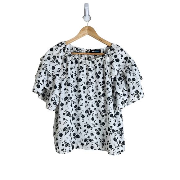 Alice Blue Women’s Black White Floral Ruffle Short Sleeve Blouse Small - Picture 1 of 9